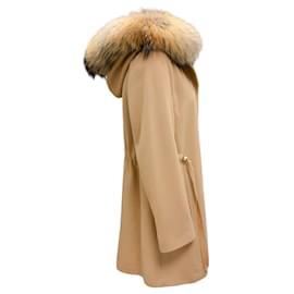 Autre Marque-Fleurette Camel Raccoon Fur Trimmed Hooded Wool Coat-Camel