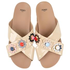 Fendi-Fendi Beige Patent Leather Flowerland Stud Embellished Slide Sandals, Size 40 EU-Beige