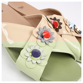 Fendi-Fendi Beige Patent Leather Flowerland Stud Embellished Slide Sandals, Size 40 EU-Beige