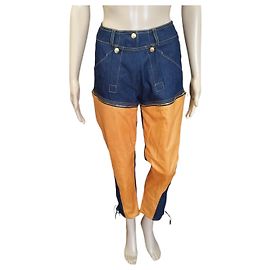 Christian Dior Calça Dior em denim e couro laranja - shorts reversíveis Multicor