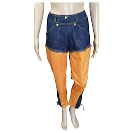 Christian Dior-Dior denim and leather orange pants - reversible shorts-Multiple colors