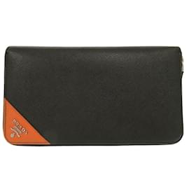 Prada-Prada Saffiano Organizer Leather Long Wallet-Black,Silvery,Orange