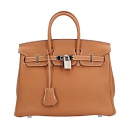 Hermès-Hermes Birkin 25 Handbag in Togo Leather-Brown,Golden