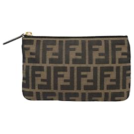 Fendi-FENDI Zucca Canvas Pouch Black Gold Brown Auth yk15224-Brown,Black,Golden