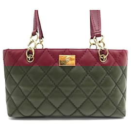 Chanel-CHANEL CC LOGO QUILTED LEATHER BORDEAUX TOTE BAG-Dark red