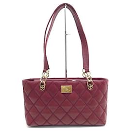 Chanel-CHANEL CC LOGO QUILTED LEATHER BORDEAUX TOTE BAG-Dark red