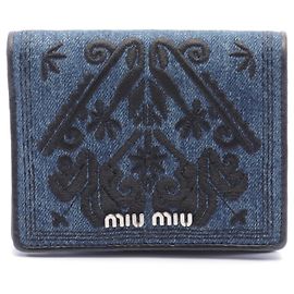 Carteira bifold de denim e couro Miu Miu 5MV204 Azul