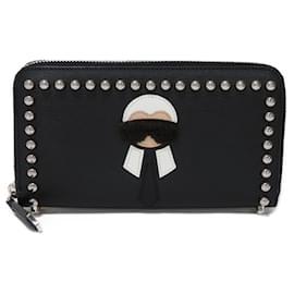 Fendi-Fendi Long Wallet in Black Leather and Fur-Black