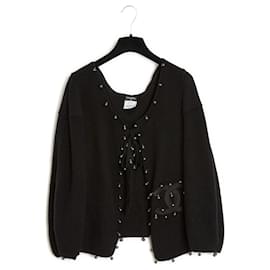 Chanel-Chanel 2009 Pearl Vest FR46 Black Pearls Cashmere Cardigan UK18 US16-Black