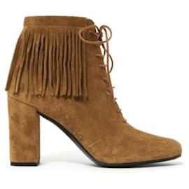 Saint Laurent-Saint Laurent YSL 2015 Fringe Ankle Boots EU38.5 Natural Suede Boots UK5.5 US8-Caramel