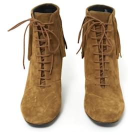 Saint Laurent-Saint Laurent YSL 2015 Fringe Ankle Boots EU38.5 Natural Suede Boots UK5.5 US8-Caramel