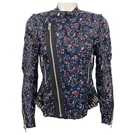 Giacca moto in seta con occhielli floreali multicolori Sacai Blu navy
