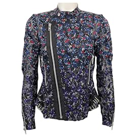 Sacai-Sacai Blue Multi Floral Eyelet Silk Moto Jacket-Navy blue