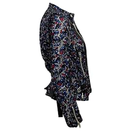 Sacai-Sacai Blue Multi Floral Eyelet Silk Moto Jacket-Navy blue