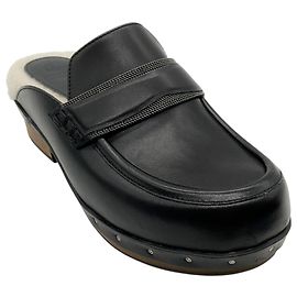 Zoccoli in pelle nera Brunello Cucinelli con shearling e Monili Nero