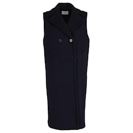 Sandro-Sandro Paris Double-Breasted Sleeveless Coat in Navy Blue Wool-Blue,Navy blue