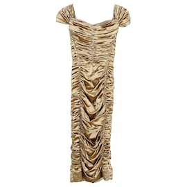 Dolce & Gabbana- Dolce & Gabbana Ruched Midi Dress in Metallic Gold Silk-Golden,Metallic