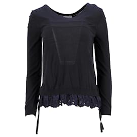 Moncler- Moncler Floral Lace Trim Round Neck Sweater in Navy Blue Wool-Blue,Navy blue