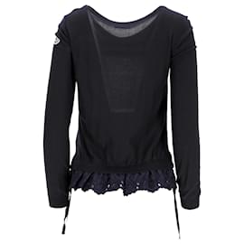 Moncler- Moncler Floral Lace Trim Round Neck Sweater in Navy Blue Wool-Blue,Navy blue