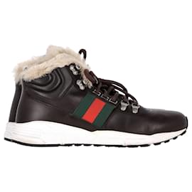 Gucci-Gucci Web Detail Shearling Lined High Top Sneakers in Brown Leather-Brown