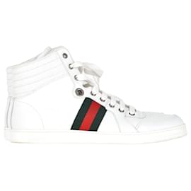 Gucci-Gucci Web Detail High Top Sneakers in White Leather-White,Cream