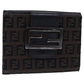 FENDI Zucchino Canvas Wallet Brown Silver Auth am6905 Brown Silvery