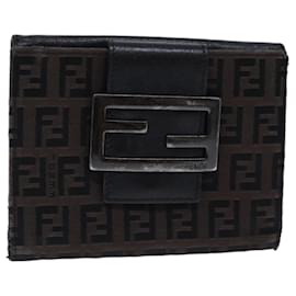 Fendi-FENDI Zucchino Canvas Wallet Brown Silver Auth am6905-Brown,Silvery