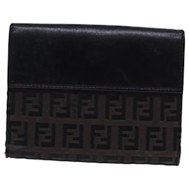 Fendi-FENDI Zucchino Canvas Wallet Brown Silver Auth am6905-Brown,Silvery