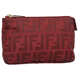 Fendi-FENDI Zucca Canvas Pouch Red Gold Auth 90202-Red,Golden