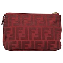 Fendi-FENDI Zucca Canvas Pouch Red Gold Auth 90202-Red,Golden