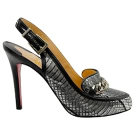 Christian Louboutin-Christian Louboutin Black / Silver Snake Slingback Pumps with Chain Detail-Silvery