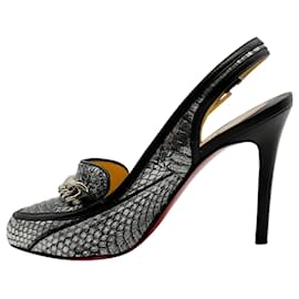 Christian Louboutin-Christian Louboutin Black / Silver Snake Slingback Pumps with Chain Detail-Silvery