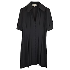 Michael Kors-Michael Kors Mini Bishop Sleeve Cinched Waist Shirt Dress in Black Polyester-Black
