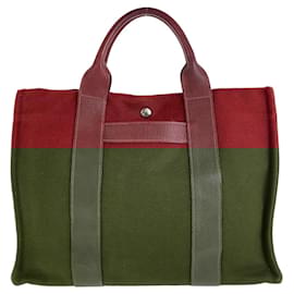 Hermès-Hermes Sac a Ne MM Canvas Leather Tote-Red