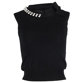 Lanvin Sleeveless Top with Pearl and Bow Details in Black Wool Black