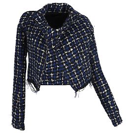 Haider Ackermann Patterned Frayed Hem Accent Cropped Blazer in Blue Tweed Blue Light blue