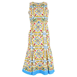 Dolce & Gabbana- Dolce & Gabbana Majolica Printed Midi Backless Dress in Multicolor Cotton-Multiple colors