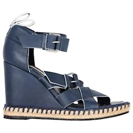 Balenciaga-Balenciaga Buckle Straps Espadrille Wedge Heels in Navy Blue Leather-Blue,Navy blue