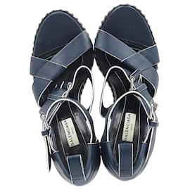 Balenciaga-Balenciaga Buckle Straps Espadrille Wedge Heels in Navy Blue Leather-Blue,Navy blue