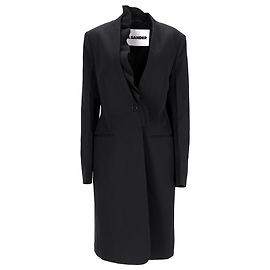 Jil Sander Single-Breasted Neck Ruffle Detail Coat in Black Wool Black