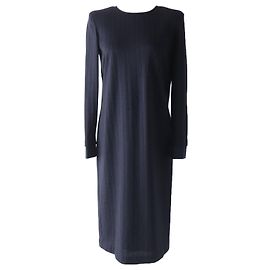 Max Mara Wool Rayon Stripe Long Sleeve Dress Navy Navy blue