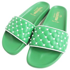 Valentino Rockstud Leather Slide Sandals Green Green