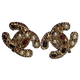 Chanel Clip Ohrringe Gold Metall Perle und Strass Gold hardware