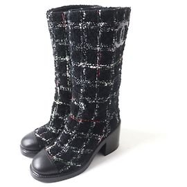 Chanel Leder Tweed Stiefel G39614 schwarz Andere