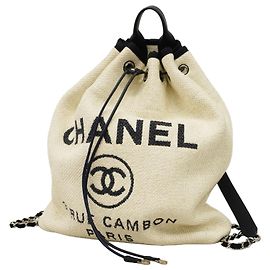Chanel Deauville Straw Backpack White Navy blue