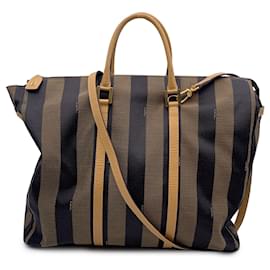 Fendi-Vintage Pequin Striped Black Tobacco Canvas Tote Bag with Strap-Brown
