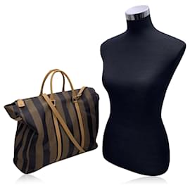 Fendi-Vintage Pequin Striped Black Tobacco Canvas Tote Bag with Strap-Brown