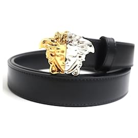 Versace-Versace Medusa Silver Gold Buckle Leather Belt-Black