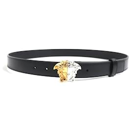 Versace-Versace Medusa Silver Gold Buckle Leather Belt-Black