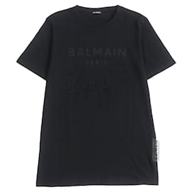 Balmain-Balmain Rhinestone Silver Metal Cotton T-Shirt M-Black